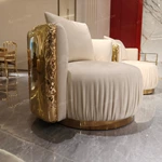 Fluid Curved Luxury Sofa Set with Sculptural Gold Stainless Steel Accents & Hammered Texture Base